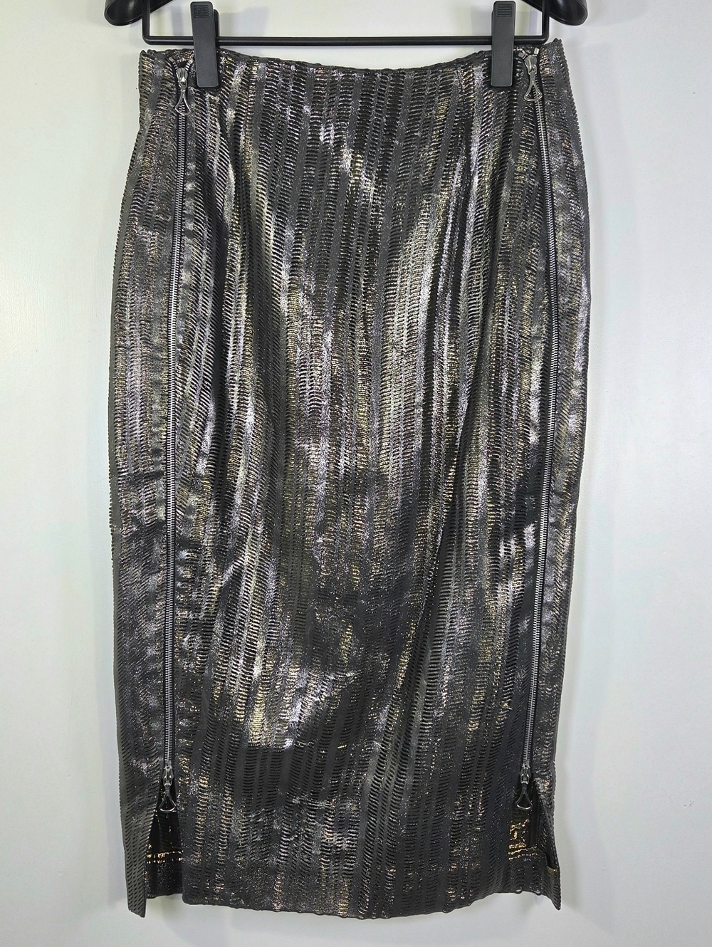 RARE ARCHIVAL ALEXX BROWN LASER CUT METALLIC LIQUID METAL MIDI SKIRT.